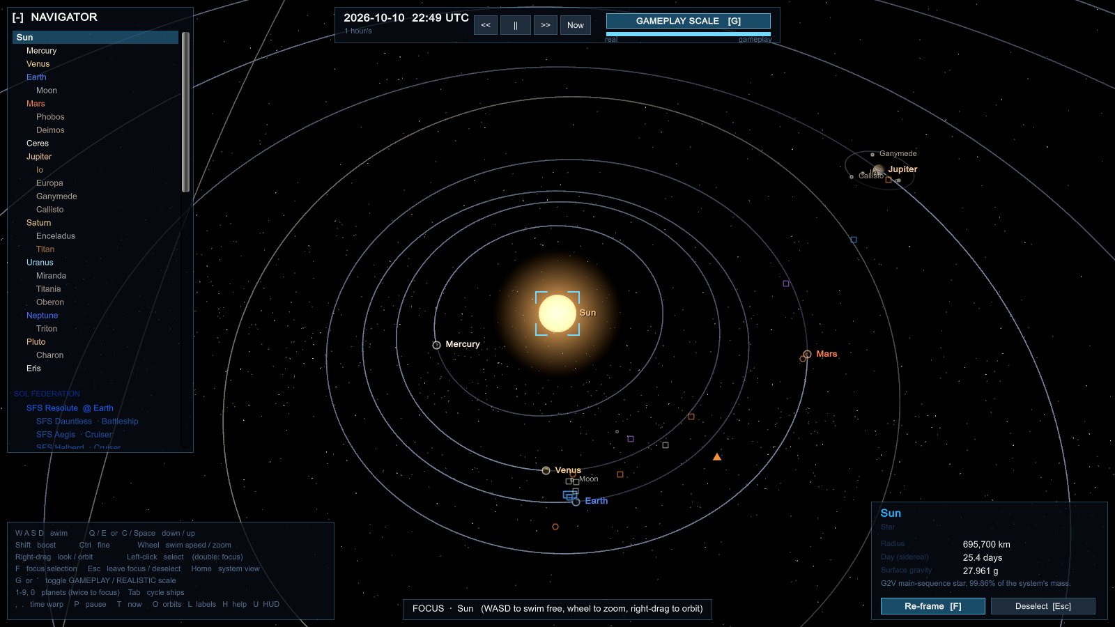 The inner solar system at gameplay scale, with orbit trails, planet labels and faction-coloured ship icons