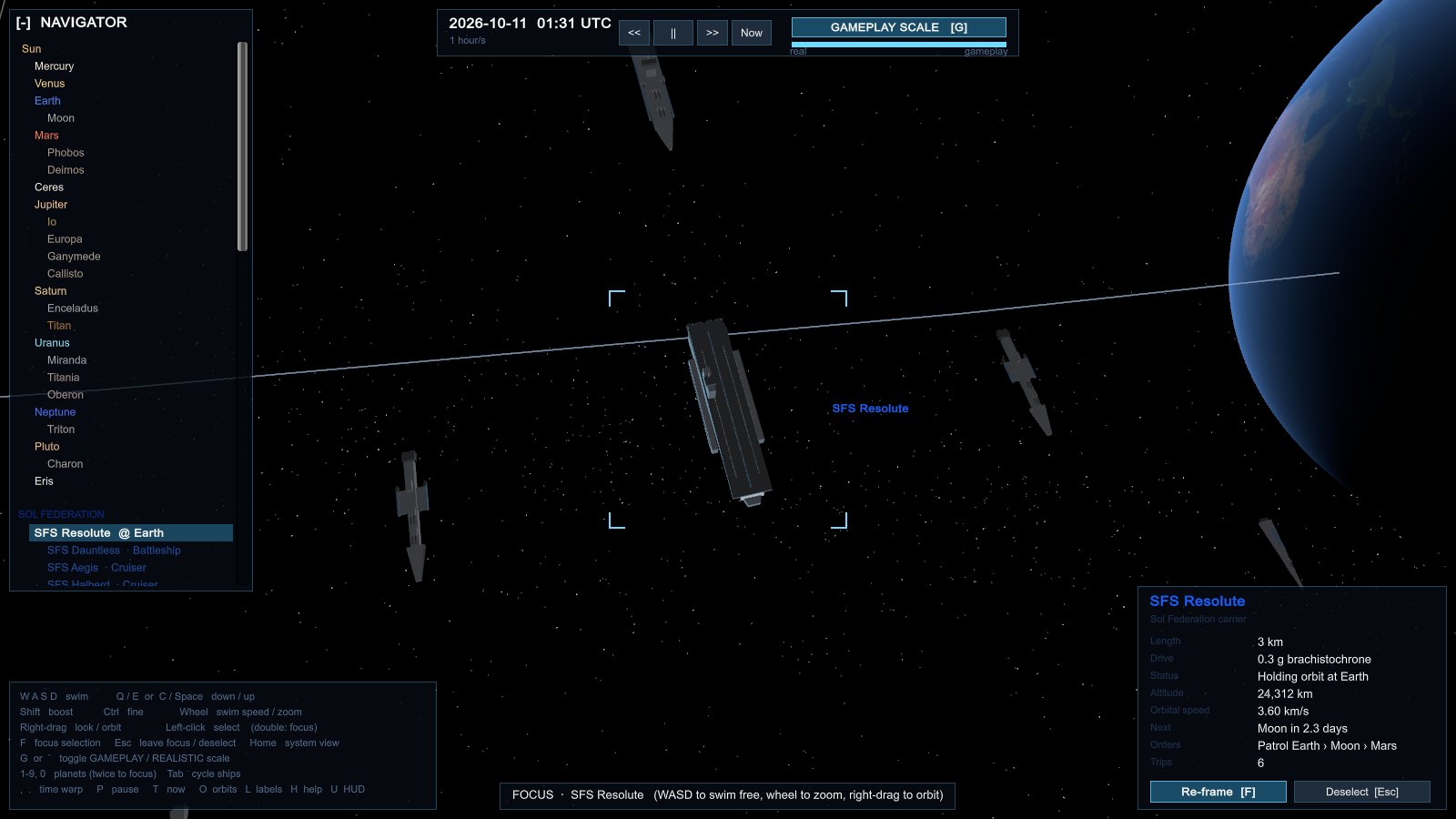SFS Resolute carrier with escorts parked above Earth