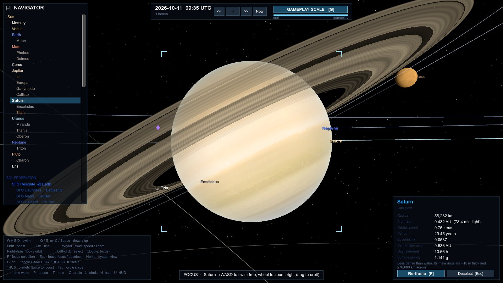 Saturn with ring structure, the planet's shadow on the rings, and Titan
