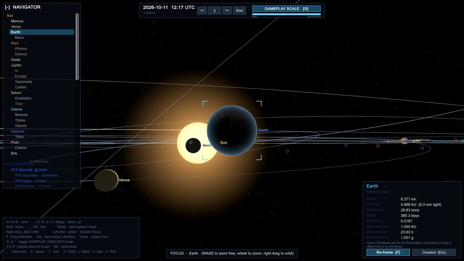 Earth focused at gameplay scale, with the Sun, Moon and Venus large nearby