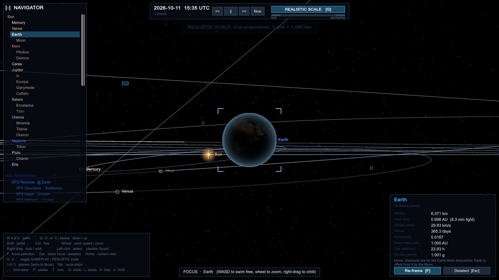 The same view at realistic scale: the Sun is a distant point and the Moon and ships are icons