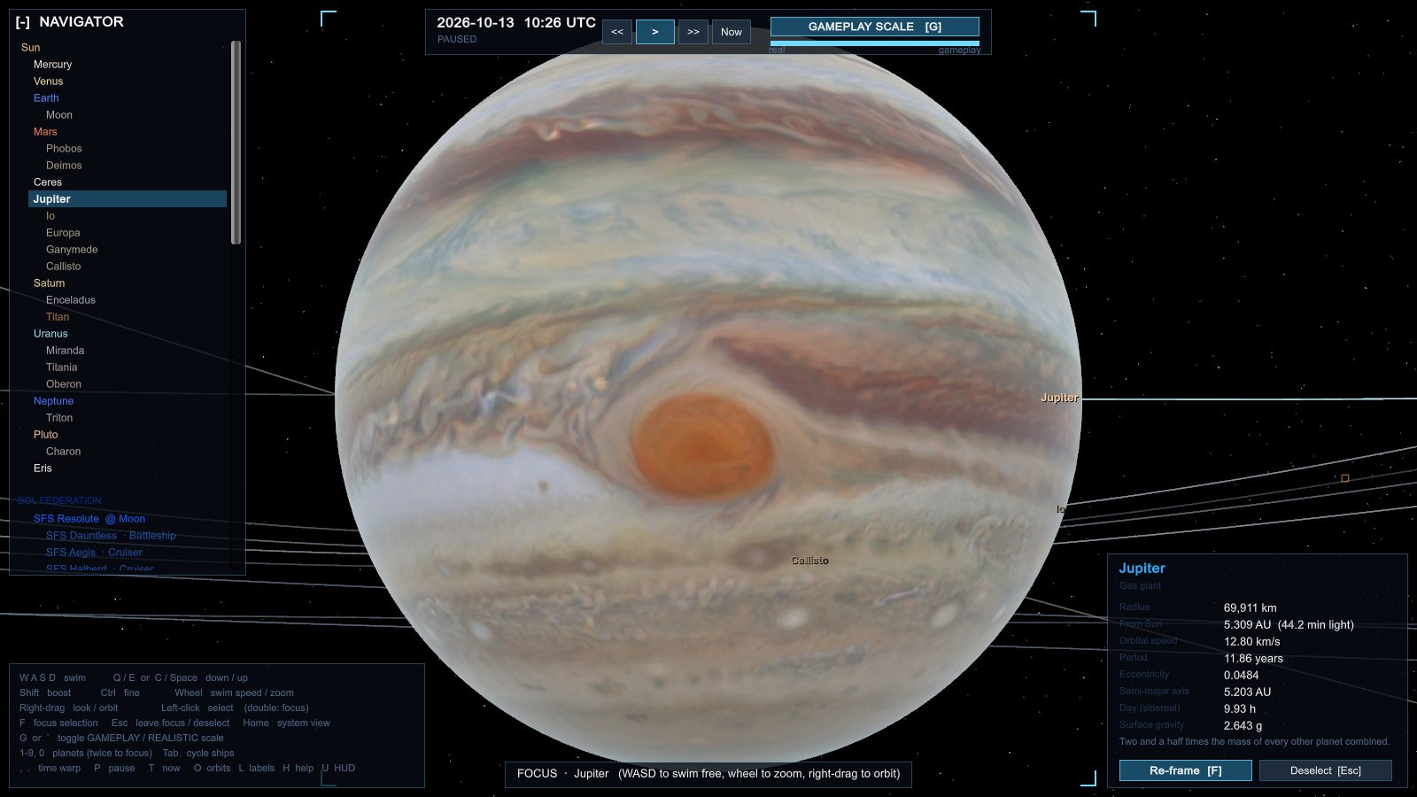 Jupiter with the Great Red Spot at its current longitude